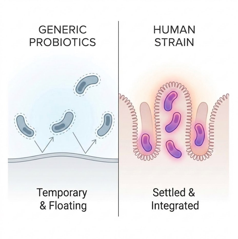 Human-native probiotic strains colonize the gut as residents, while generic strains pass through as tourists